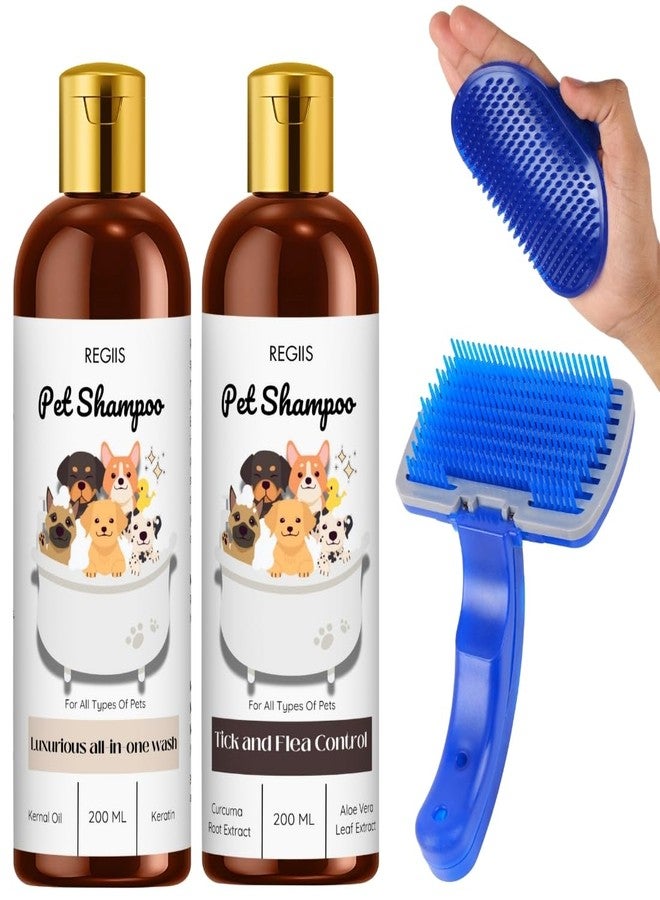 REGIIS Pet Shampoo Set with Grooming Brush, 200ml All-in-One Wash and Tick Control Formula, Blue Self-Cleaning Pet Brush, 4 Pack - Image 1